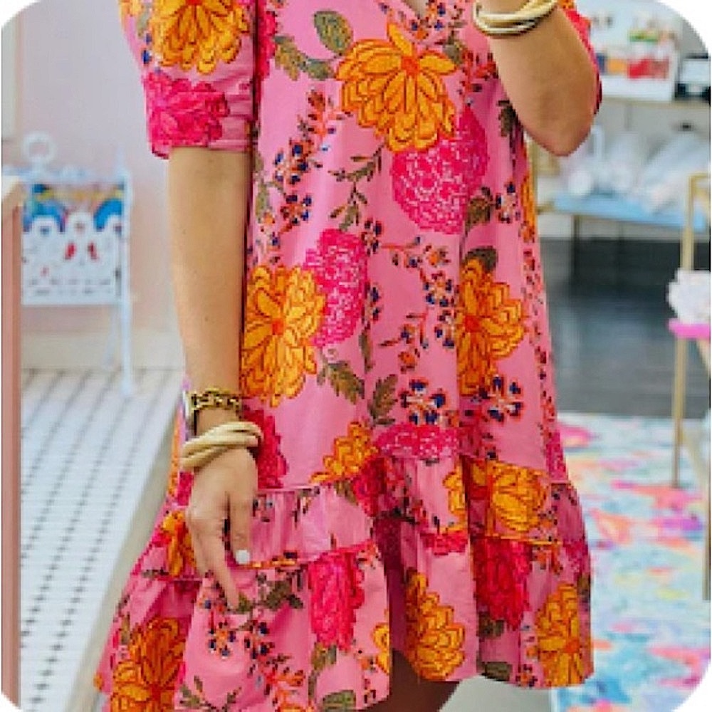 Pink and Orange Puff Sleeve Mini Sundress